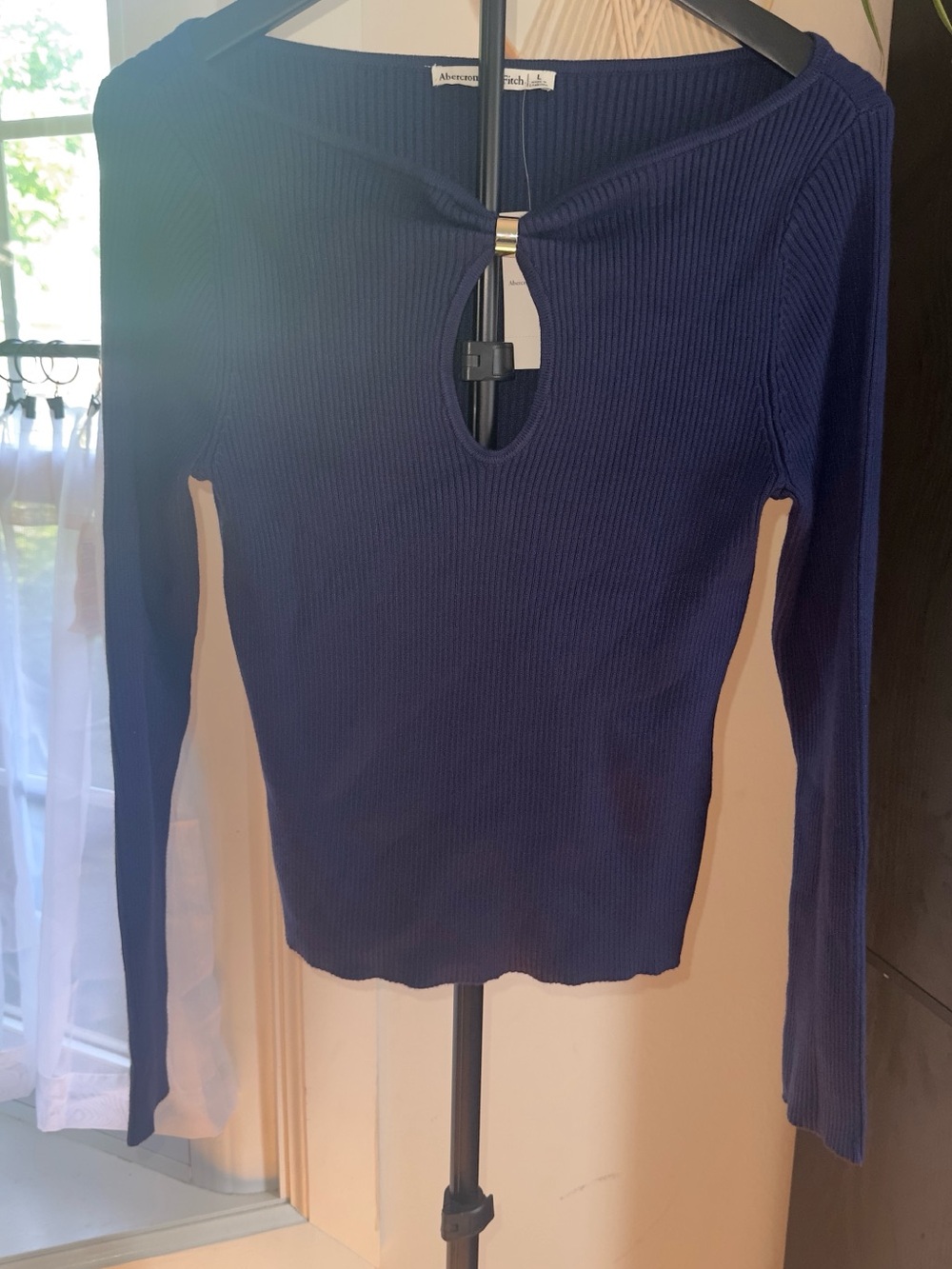 Abercrombie & Fitch Navy Ribbed Long Sleeve Top with Keyhole